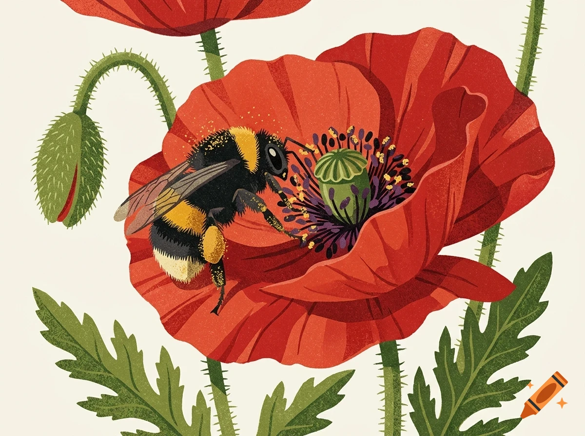 An illustration of a bumblebee collecting pollen from a vibrant red poppy flower, surrounded by green leaves and buds.