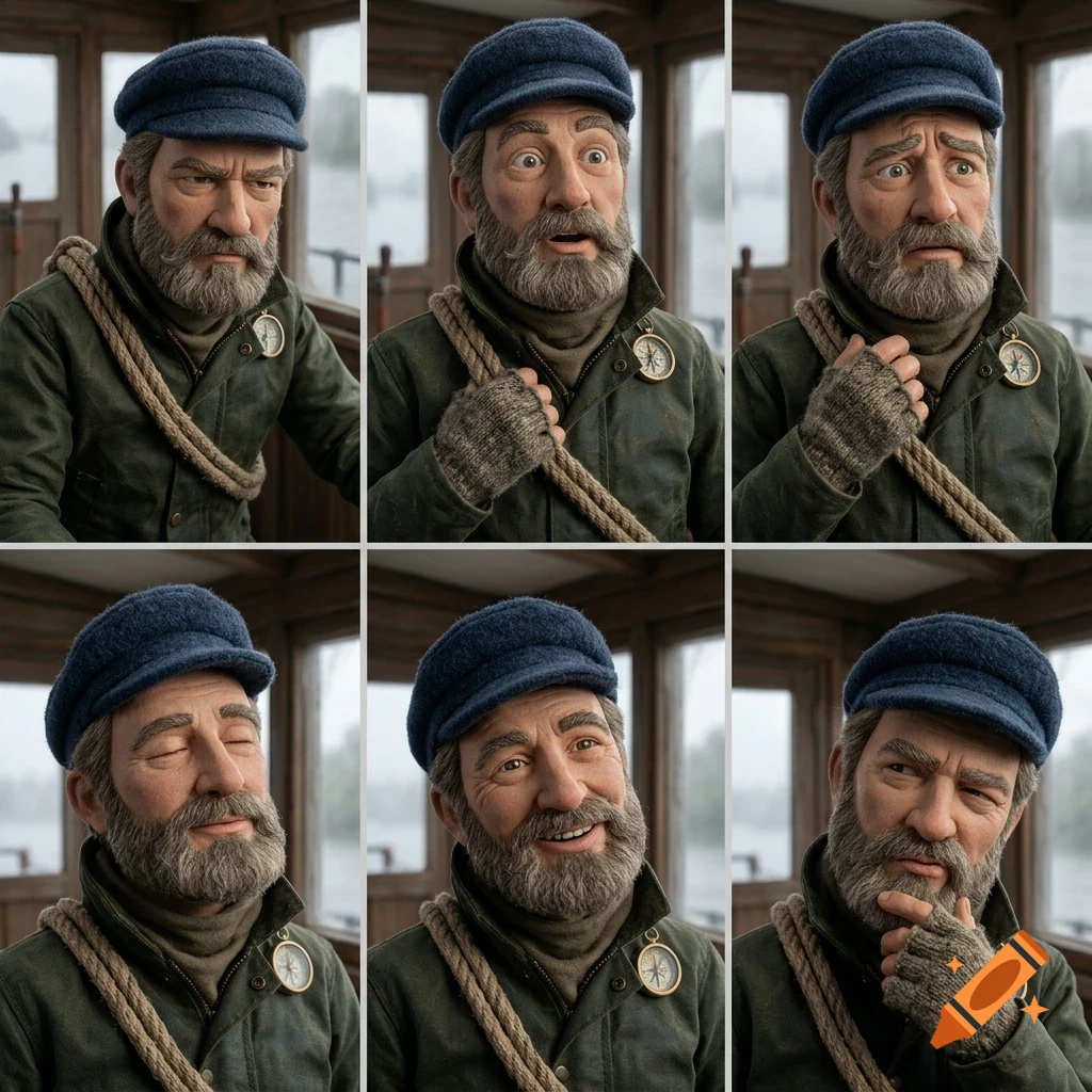 A six-panel character study showing a bearded man in a blue cap and green jacket displaying various facial expressions.