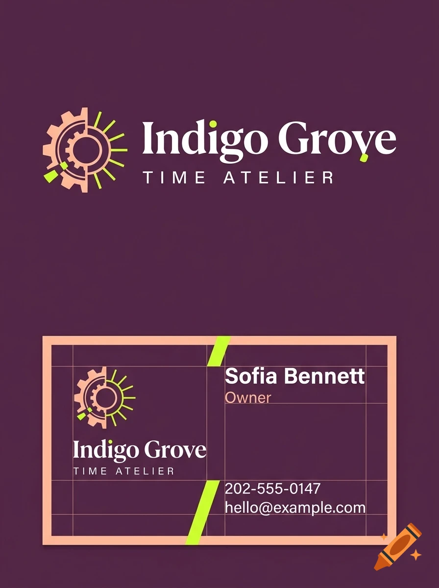 A business card and matching branding layout featuring the text Indigo Grove TIME ATELIER, a gear-and-sun icon, and contact details for Sofia Bennett.