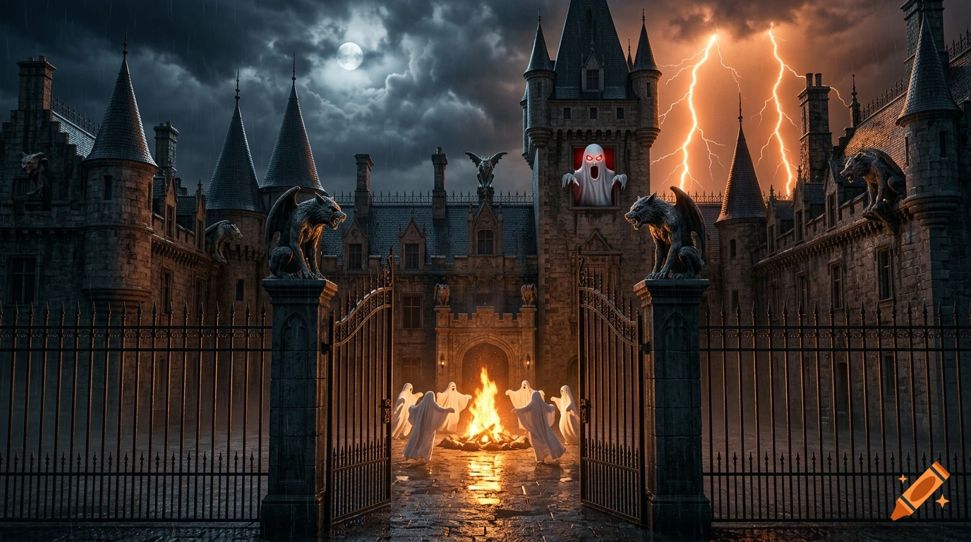 3D render of a spooky castle at midnight with lightning, a campfire, and white specters dancing in the courtyard.