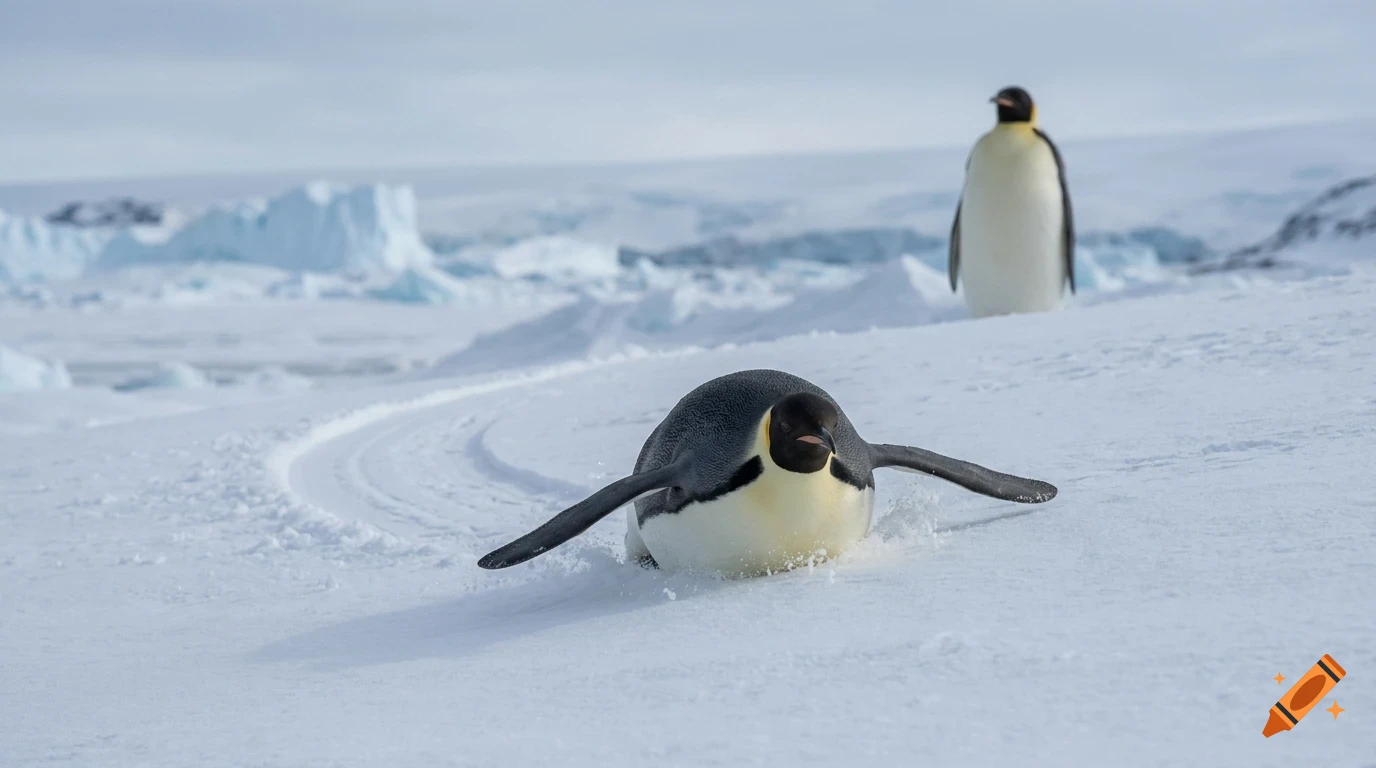 A penguin toboggans on its belly across the snow in Antarctica, while another penguin stands in the background.