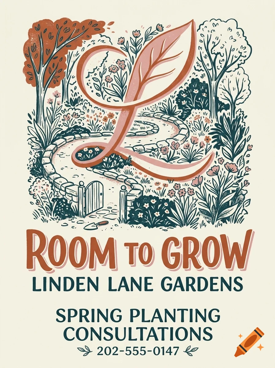 An illustrated garden scene featuring a winding stone path, trees, and flowers beneath a large letter L, with text reading Room to Grow Linden Lane Gardens.