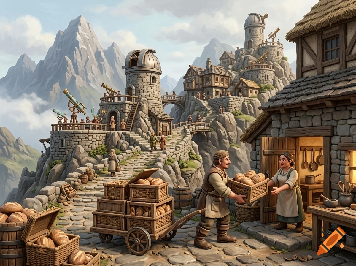 An illustrated fantasy mountain village with stone buildings, observatories with telescopes, and villagers carrying baskets of bread.