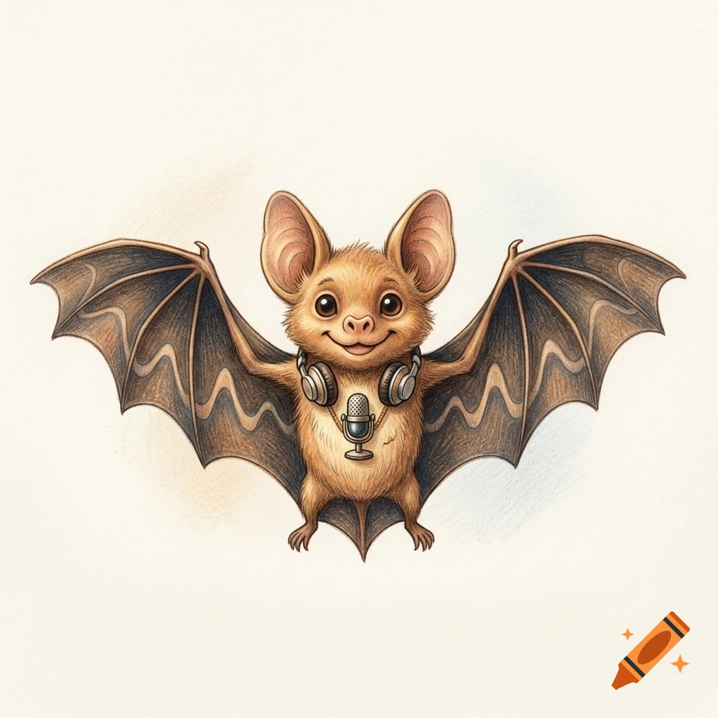 An illustrated cute brown bat wearing headphones and a small microphone around its neck.