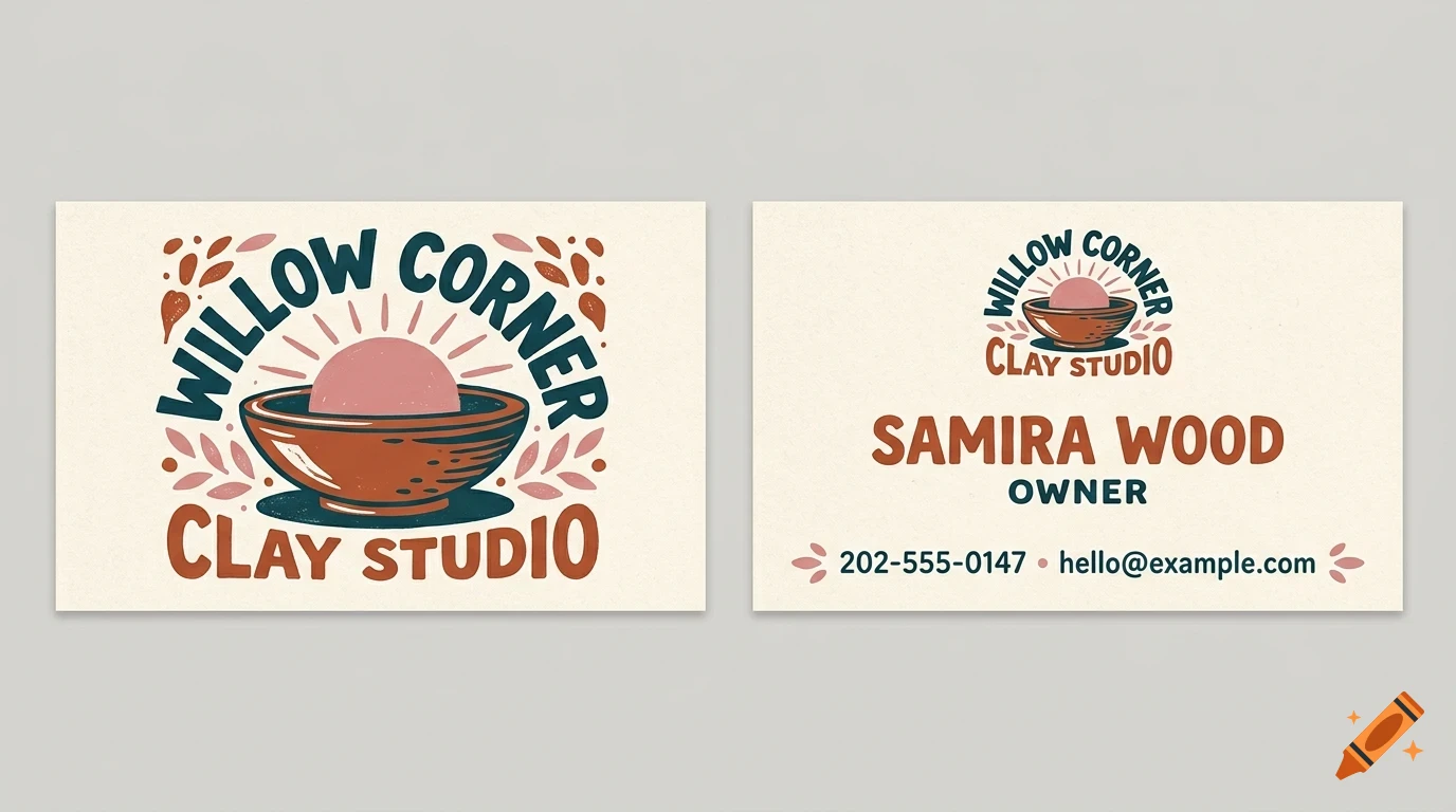 Two business card mockups showing a clay studio logo featuring a bowl and text.
