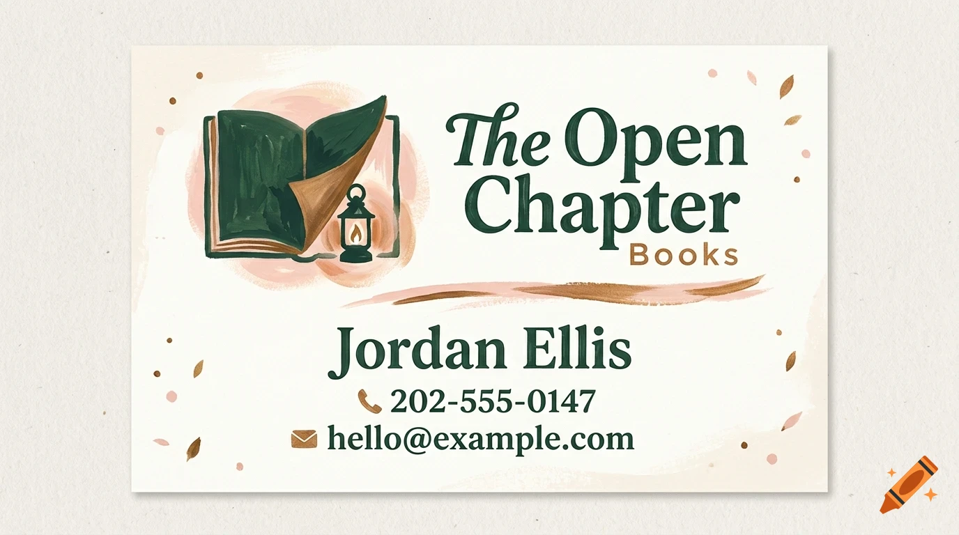 A business card design for The Open Chapter Books with an open book and lantern illustration, text, and contact information.