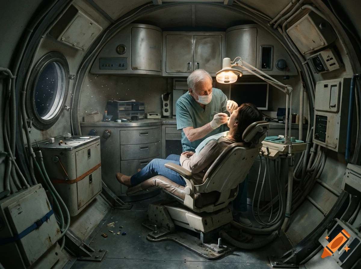 A dentist wearing a mask examines a patient sitting in a dental chair inside a futuristic spaceship cabin.