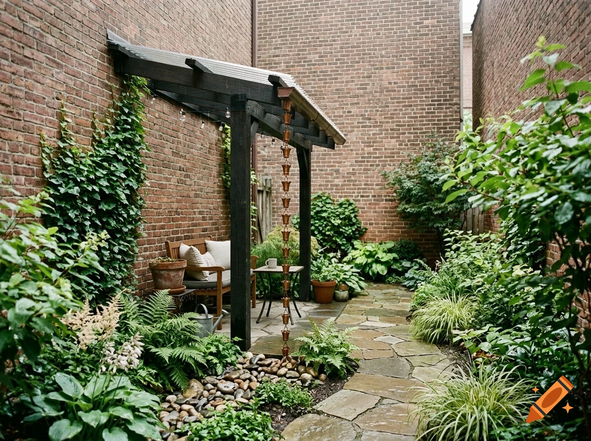 A narrow brick courtyard garden with a stone pathway, a wooden pergola covering a small bench, and lush green plants and ivy along the walls.