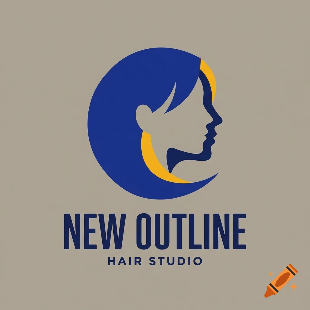 Logo featuring a profile silhouette of a person's head with blue and yellow hair, accompanied by the text 'NEW OUTLINE HAIR STUDIO'.