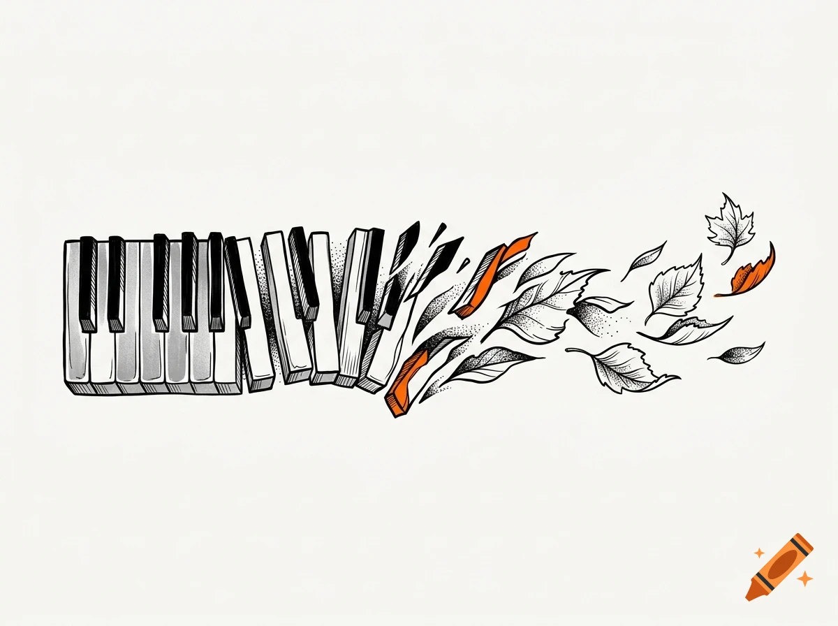 An ink illustration of piano keys dissolving and transforming into blowing autumn leaves.