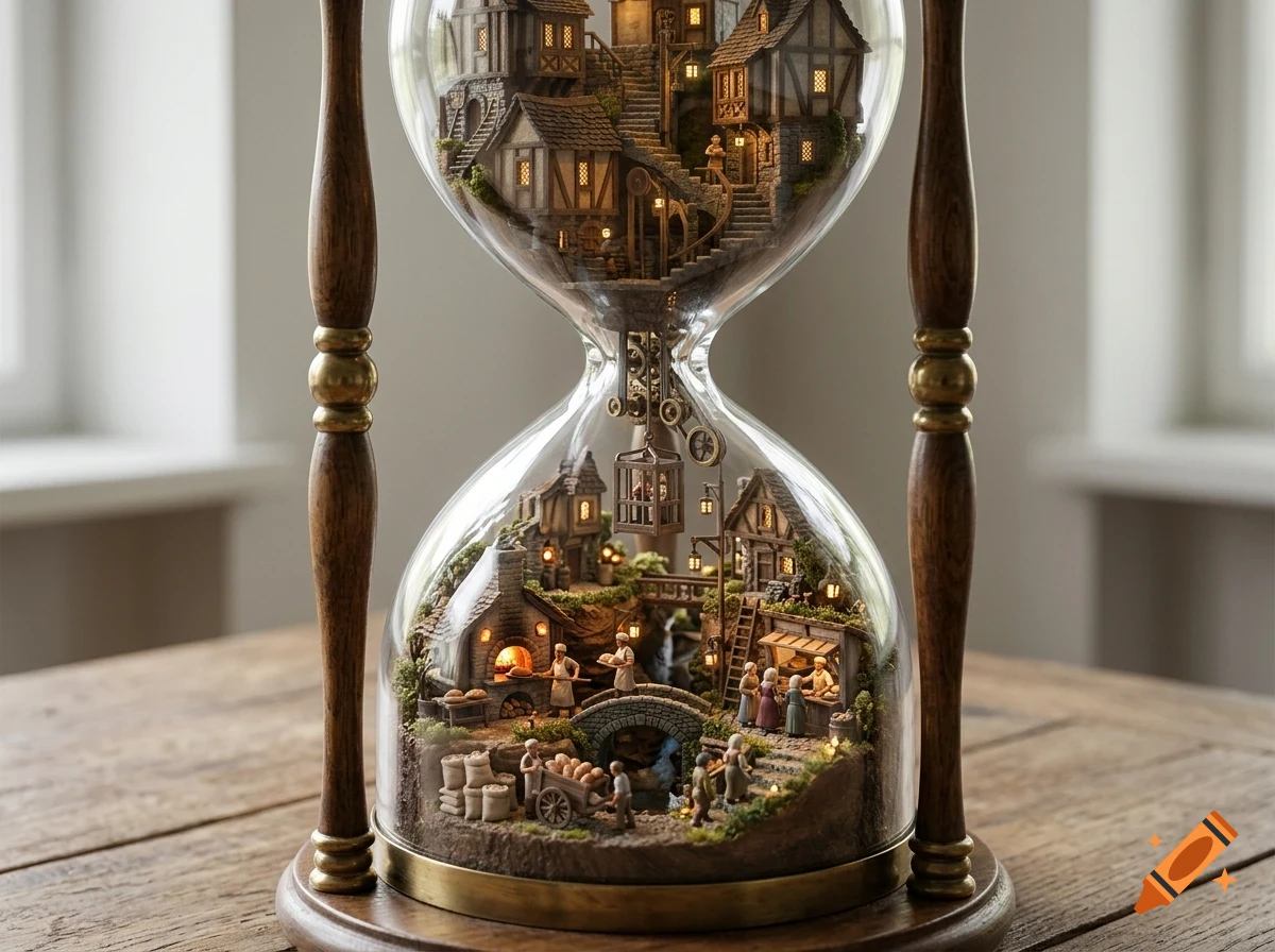 An ornate wooden hourglass filled with a miniature village scene inside its glass bulbs, showing tiny medieval buildings, figures, and details.