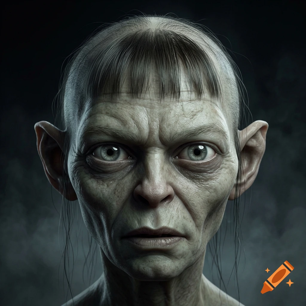 Photorealistic close-up portrait of Gollum with a short fringe haircut against a dark, smoky background.