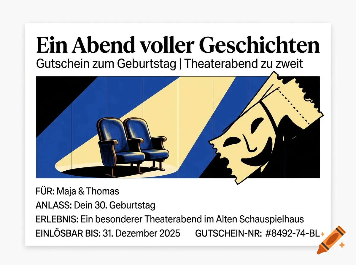 A gift voucher design for a theater evening with two blue seats under a spotlight and a theatrical mask graphic, accompanied by German text.