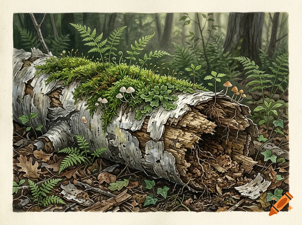 Detailed painting of a decaying fallen log covered in moss, ferns, and small mushrooms on a forest floor.
