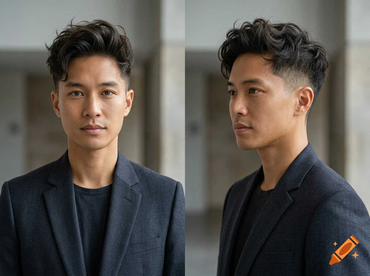 Front and side profile portraits of a man with short dark wavy hair wearing a dark blazer over a black t-shirt.