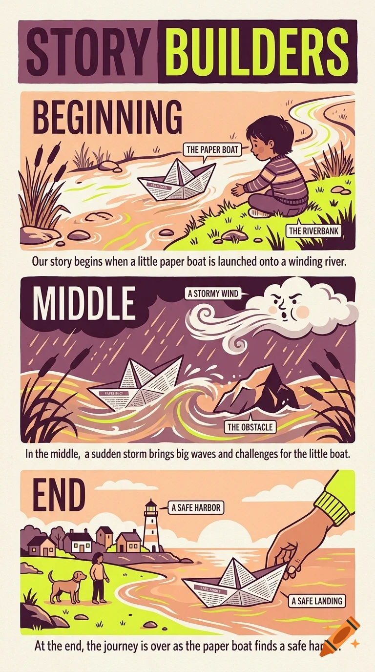 An educational poster titled Story Builders illustrating the beginning, middle, and end of a story involving a paper boat on a river.
