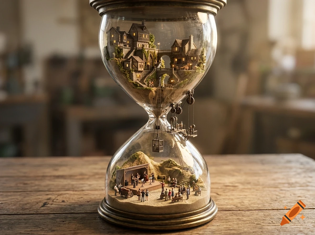 An hourglass filled with miniature dioramas, featuring a village in the upper bulb and an outdoor concert in the lower bulb.
