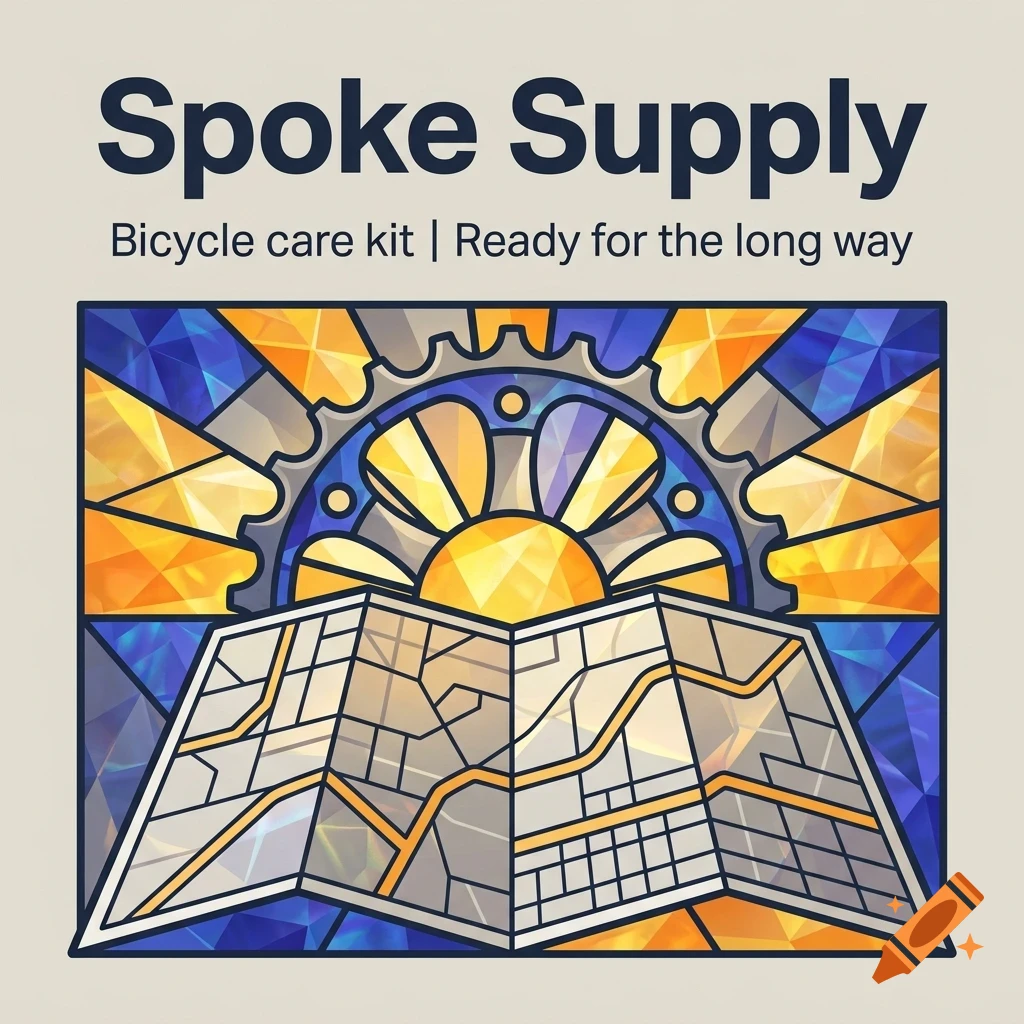 An illustration with text Spoke Supply and a stained-glass style graphic of a map, sun, and bicycle gear.