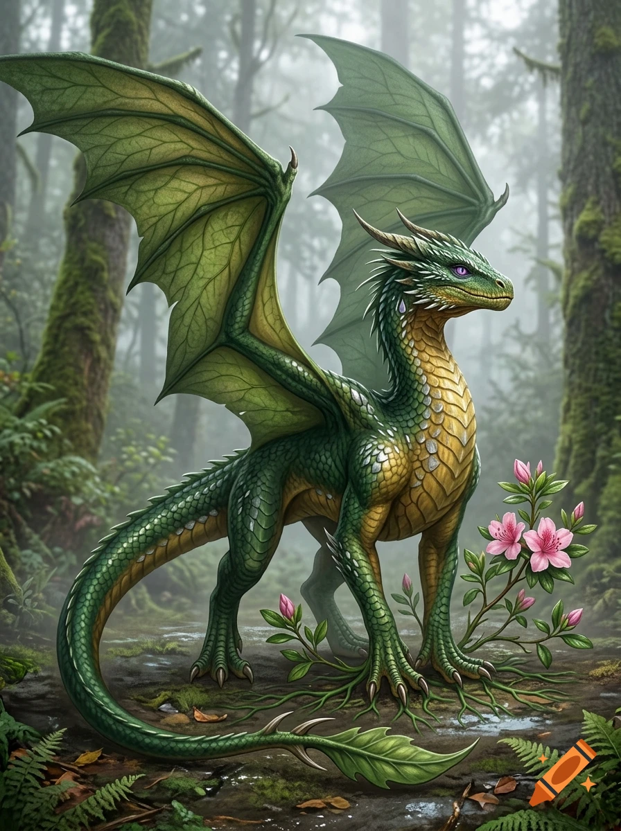 Detailed fantasy digital art of a green and yellow dragon with leaf-like wings standing in a misty forest next to pink azalea flowers.