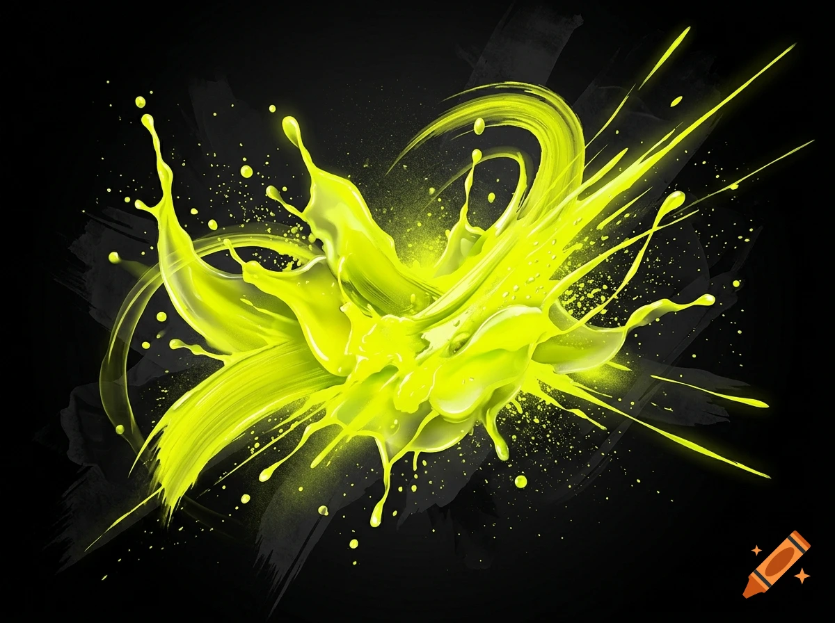Fluorescent yellow liquid splashing and swirling dynamically against a black background.