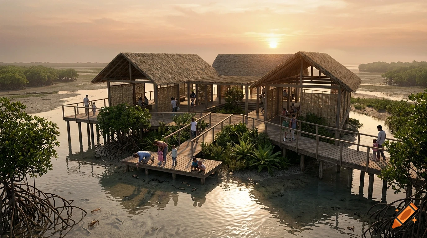 People walking on wooden boardwalks and gathered around thatched-roof pavilion structures in a coastal mangrove wetland at sunset.