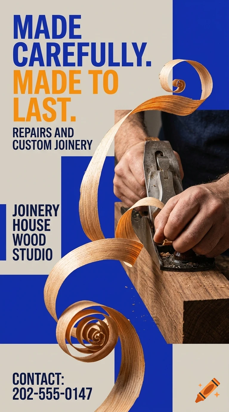 A person using a hand plane on a piece of wood, with wood shavings curling around, alongside promotional text for a joinery studio.