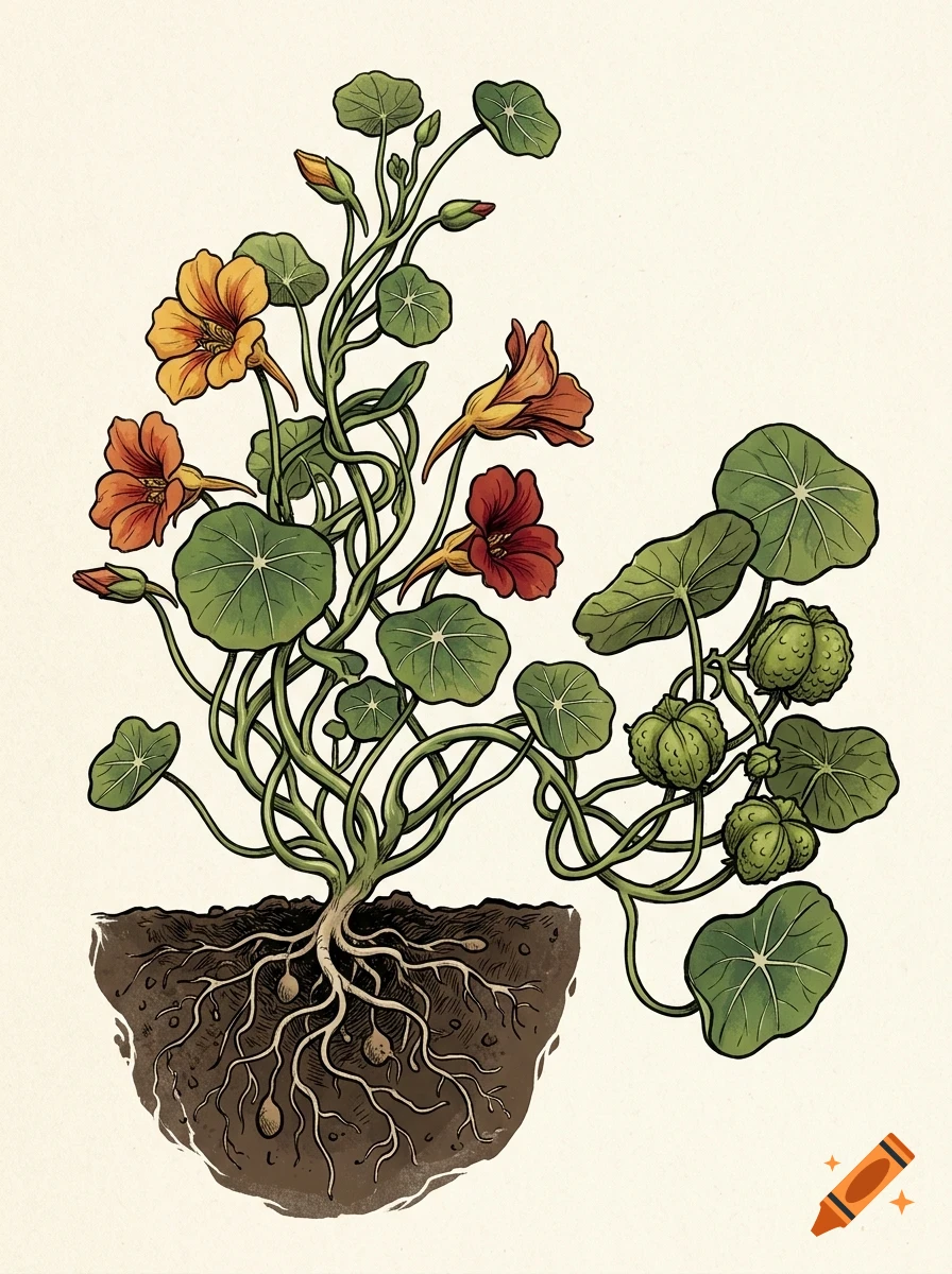 An illustrated botanical drawing of a nasturtium plant with orange and red flowers, round green leaves, seed pods, and roots growing in soil.