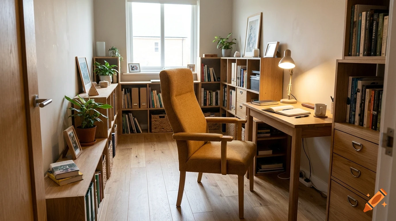 A well-lit home office with wooden shelving units, a desk, and a mustard yellow armchair.