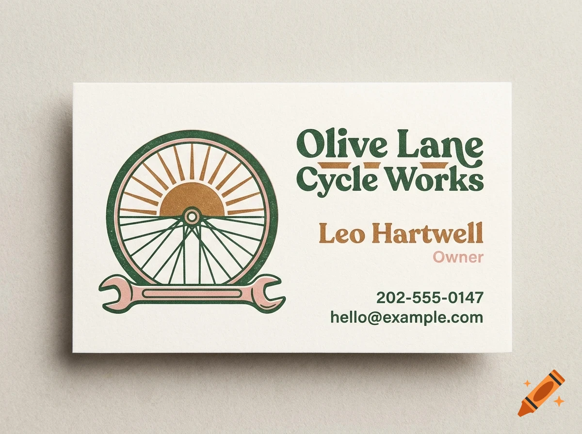 A business card for Olive Lane Cycle Works with a logo of a bicycle wheel and wrench, showing the name Leo Hartwell.