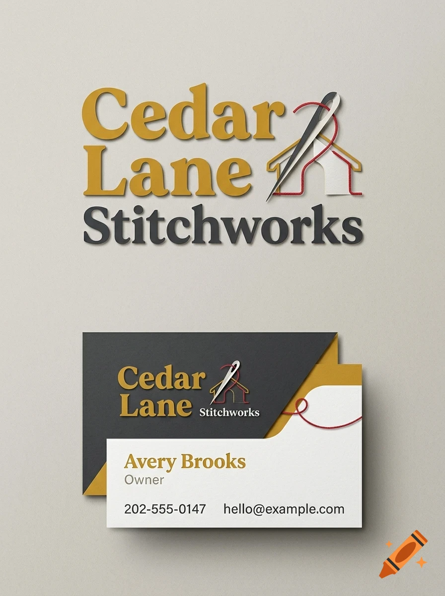 A branding design featuring the text Cedar Lane Stitchworks with a needle, thread, and house icon, shown on a wall and business cards.