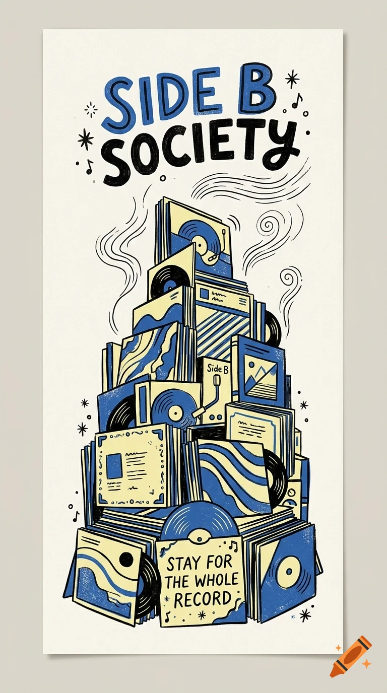 An illustrated poster featuring a towering stack of vinyl records and album covers with the text SIDE B SOCIETY and STAY FOR THE WHOLE RECORD.