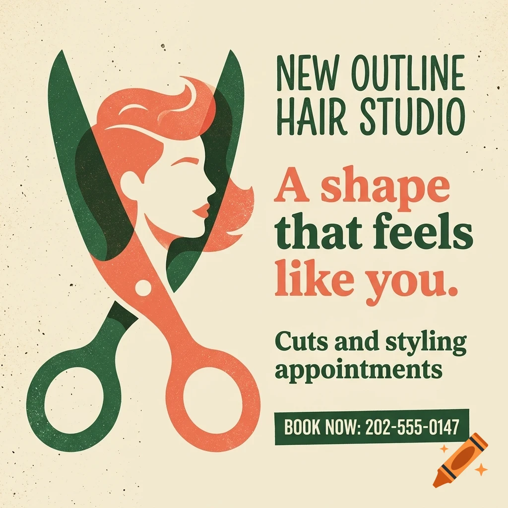 An advertisement for New Outline Hair Studio featuring an illustration of scissors forming the profile of a person's head, alongside promotional text.