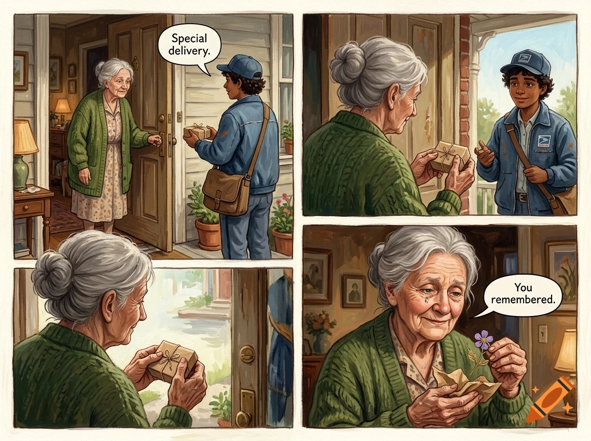 A comic strip showing a postal worker delivering a small wrapped package to an elderly woman at her door.