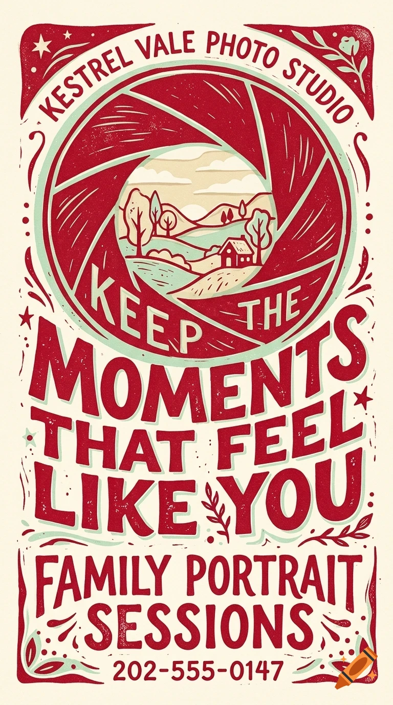 An illustrative poster with a camera aperture design framing a small landscape scene, featuring bold red lettering that reads "Kestrel Vale Photo Studio," "Keep the moments that feel like you," "Family portrait sessions," and a phone number.