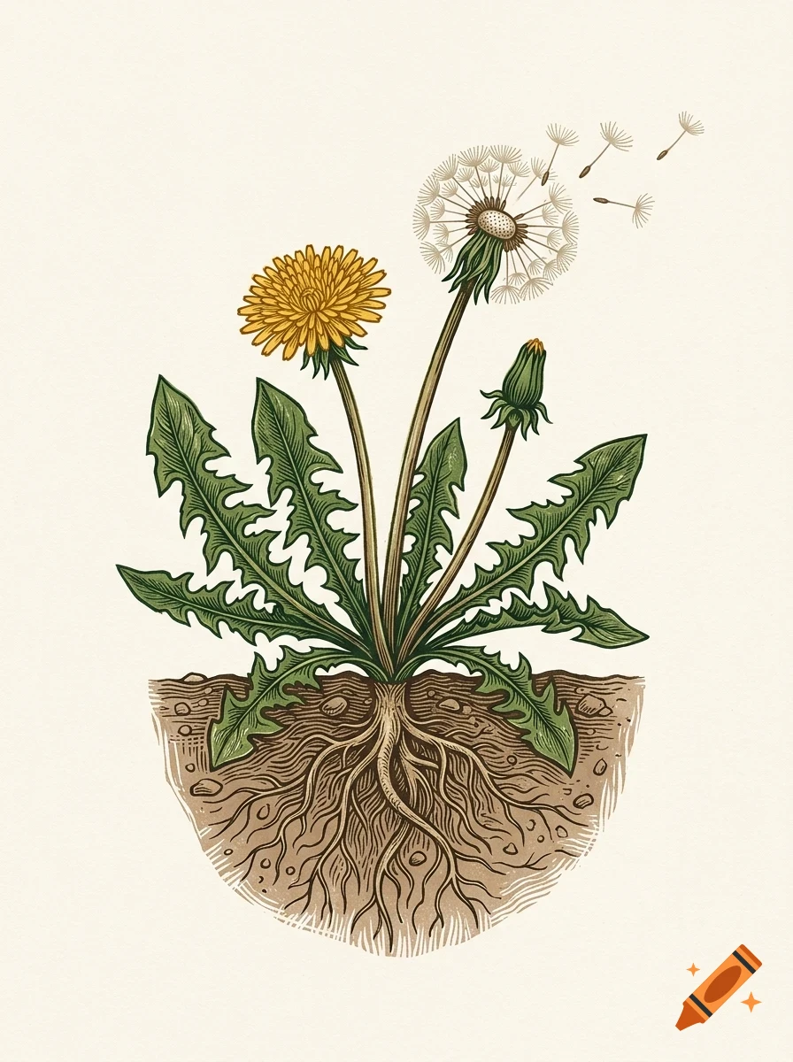 An illustrative diagram of a dandelion plant showing its yellow flower, seed head with blowing seeds, green leaves, and underground root system in soil.