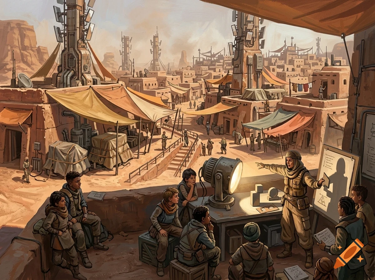 An instructor teaches a group of children outdoors in a desert settlement with futuristic communication towers.