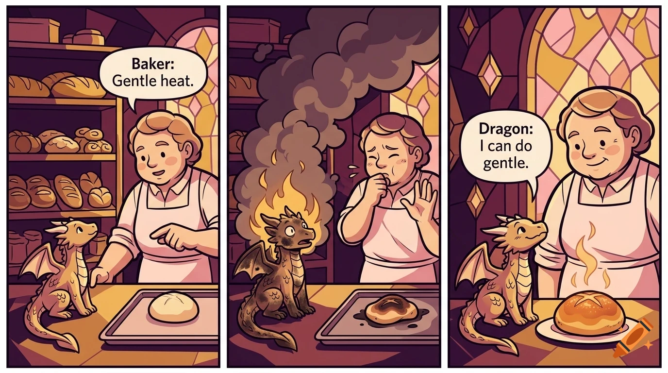A three-panel comic strip showing a baker in a bakery talking to a small cartoon dragon about baking bread.