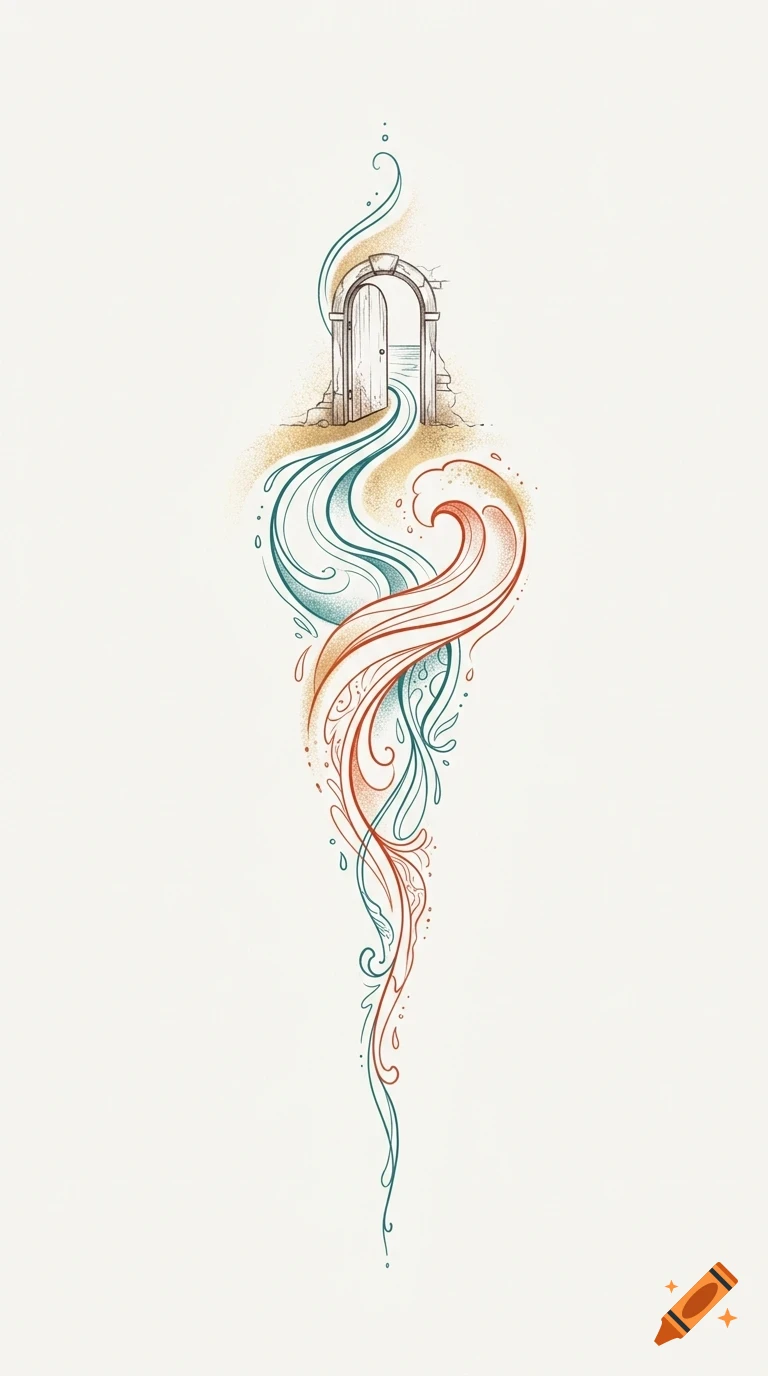 An artistic drawing of an open archway with a winding stream flowing out, transitioning into stylized red and blue waves.