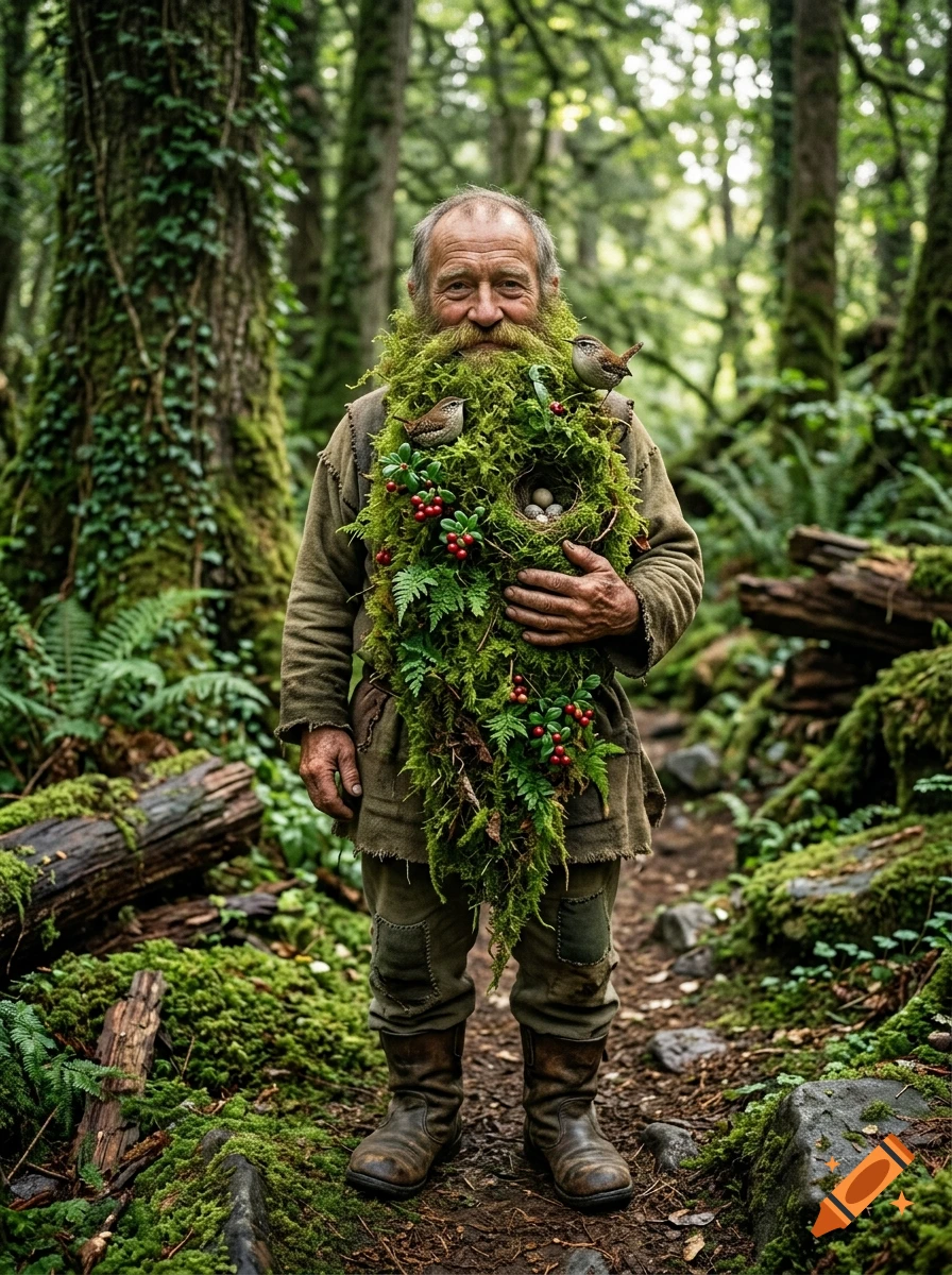 Photorealistic image of a small man with a long beard made of green moss, berries, and a bird's nest, standing in a lush forest path.