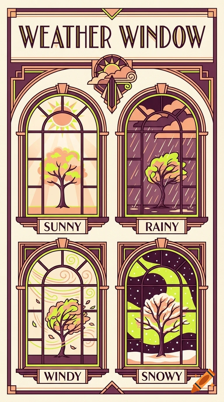 An art deco style poster titled Weather Window depicting four arched window panels showing different weather conditions: sunny, rainy, windy, and snowy.
