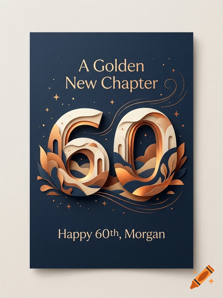 A greeting card with the number 60 rendered in a layered papercut style with gold and blue tones, featuring the text A Golden New Chapter and Happy 60th, Morgan.