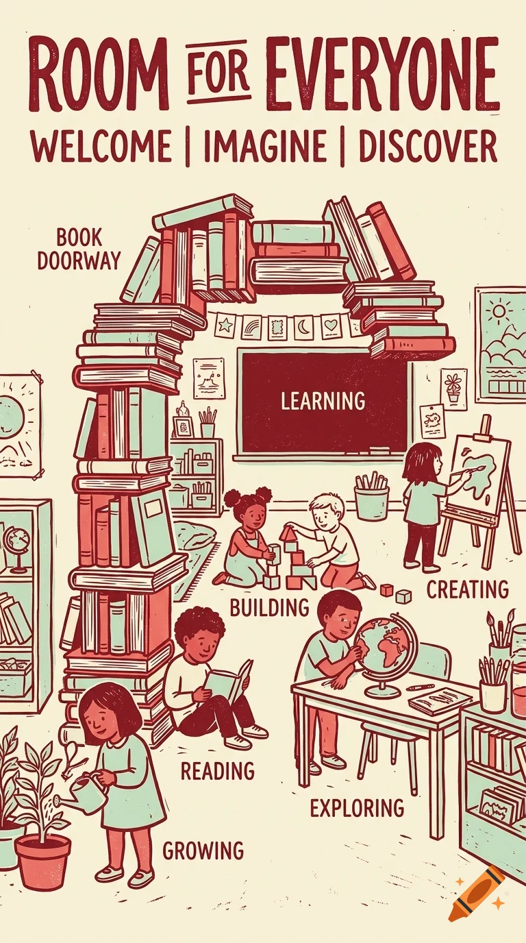 An illustrated classroom scene with children learning, building, reading, exploring, and creating beneath a doorway made of stacked books.