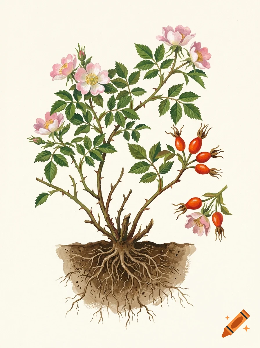 Botanical illustration of a wild rose plant showing pink flowers, green leaves, red rosehips, and its root system in soil.