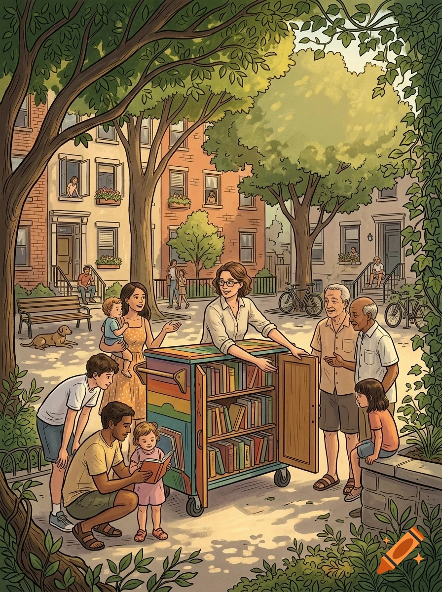 An illustrated outdoor scene showing a community mobile library cart filled with books in a city square, surrounded by people of various ages.