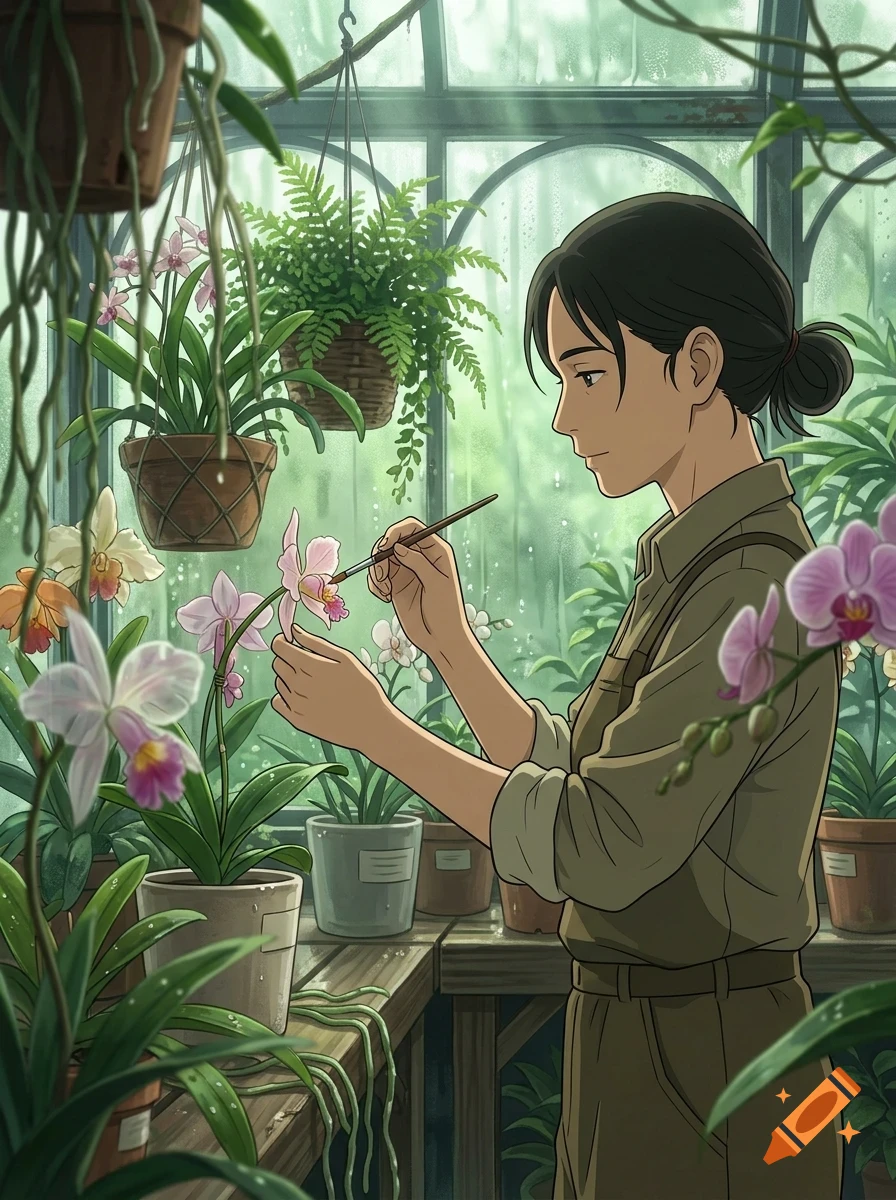 An illustrated woman with dark hair tied back paints an orchid flower in a lush greenhouse filled with potted plants.