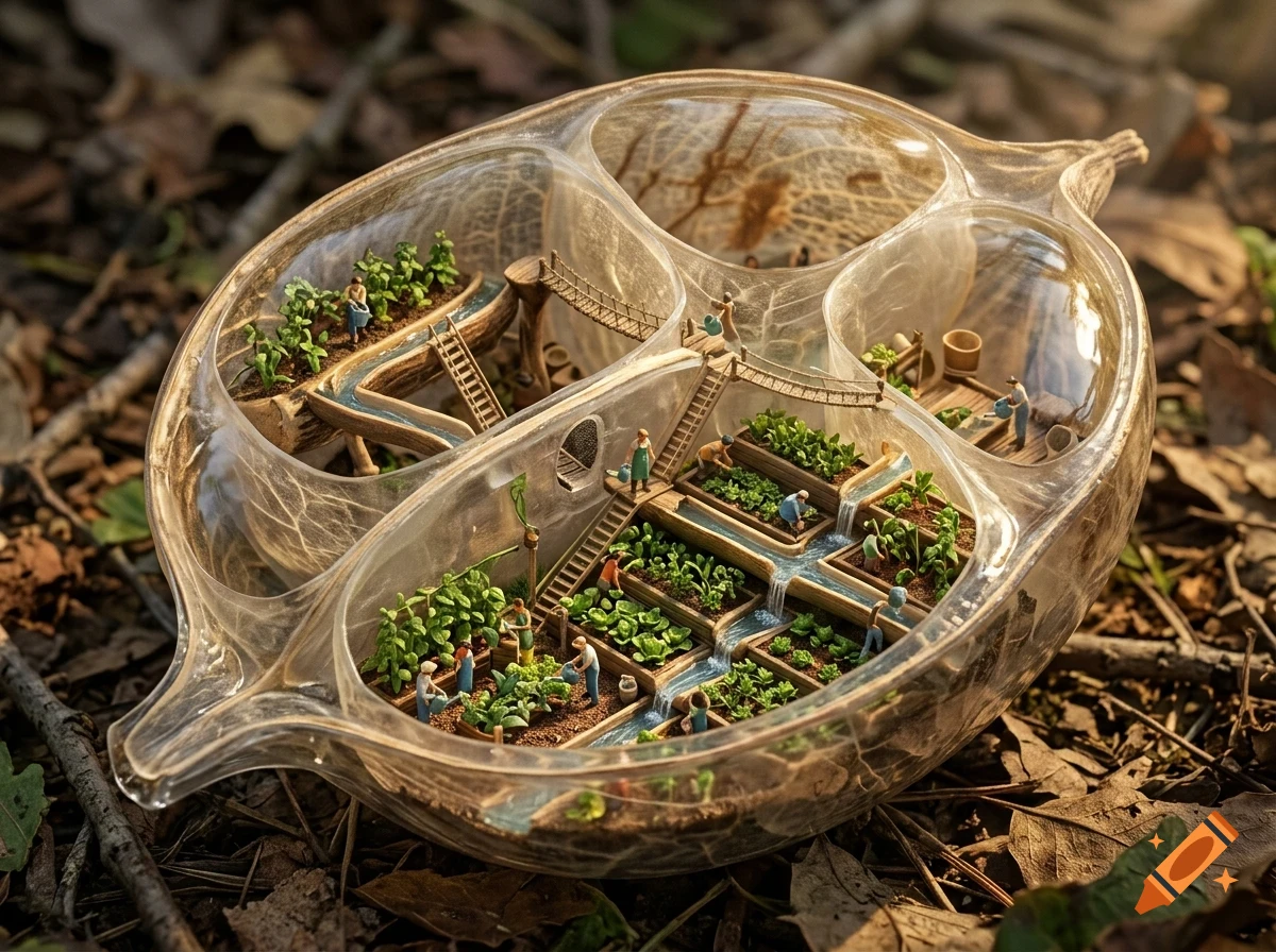 Miniature figures tending to crops inside a hollow, transparent seed pod resting on fallen leaves.