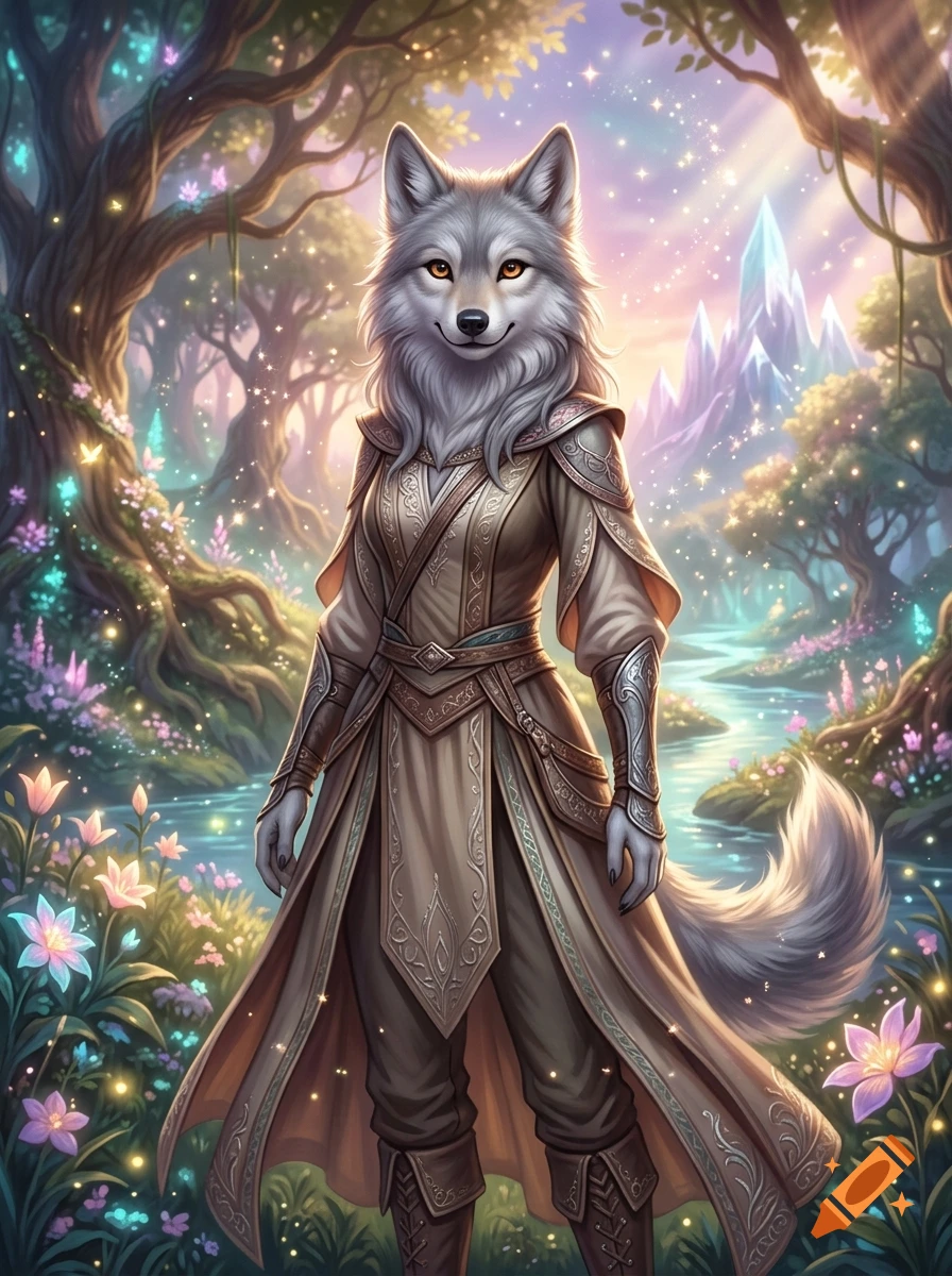 An anthropomorphic female wolf beastman in fantasy attire standing in a magical forest with glowing flowers, sparkling lights, and mountains in the background.
