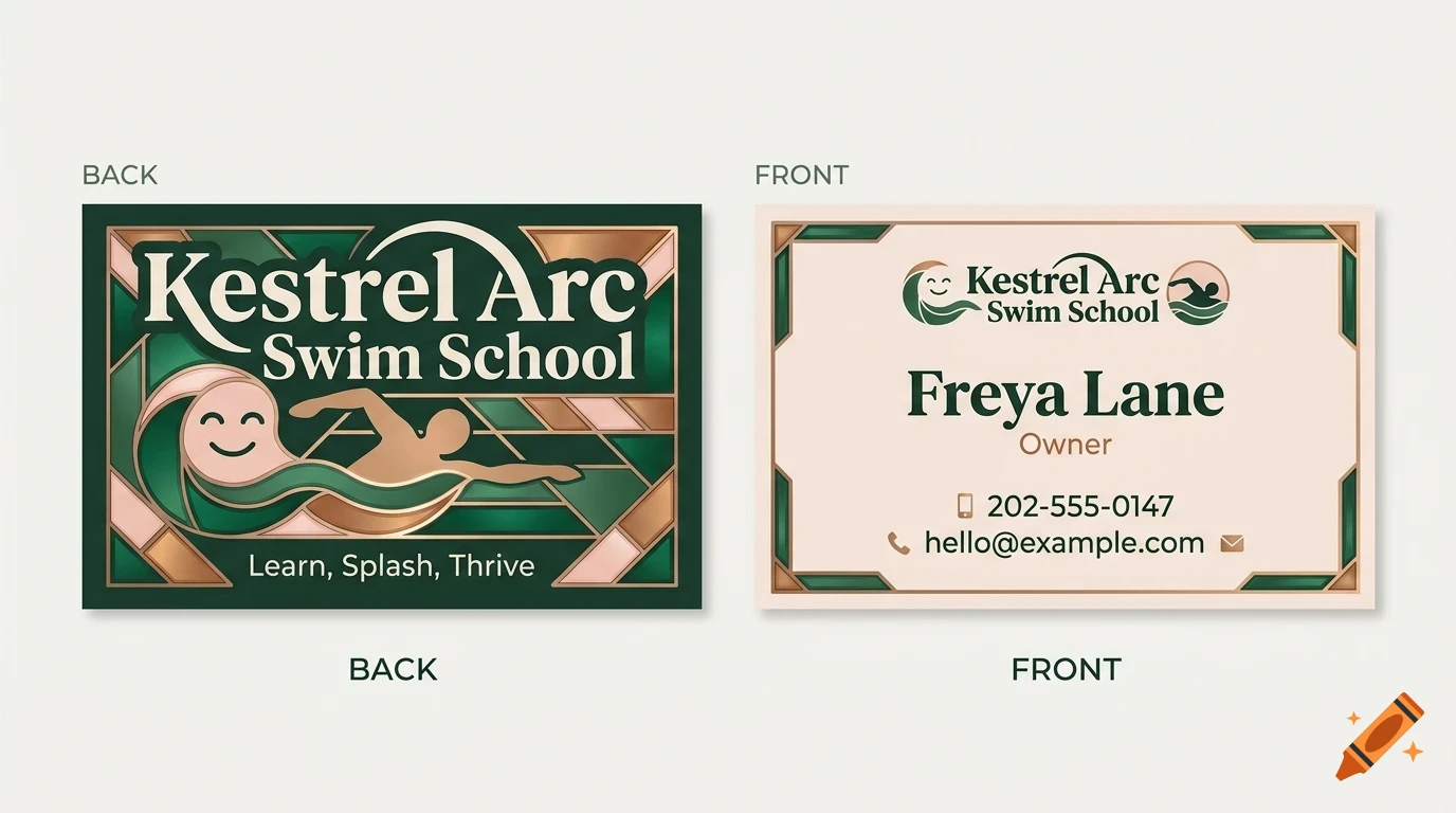 A mock-up of the front and back of a business card for Kestrel Arc Swim School with art deco styling.