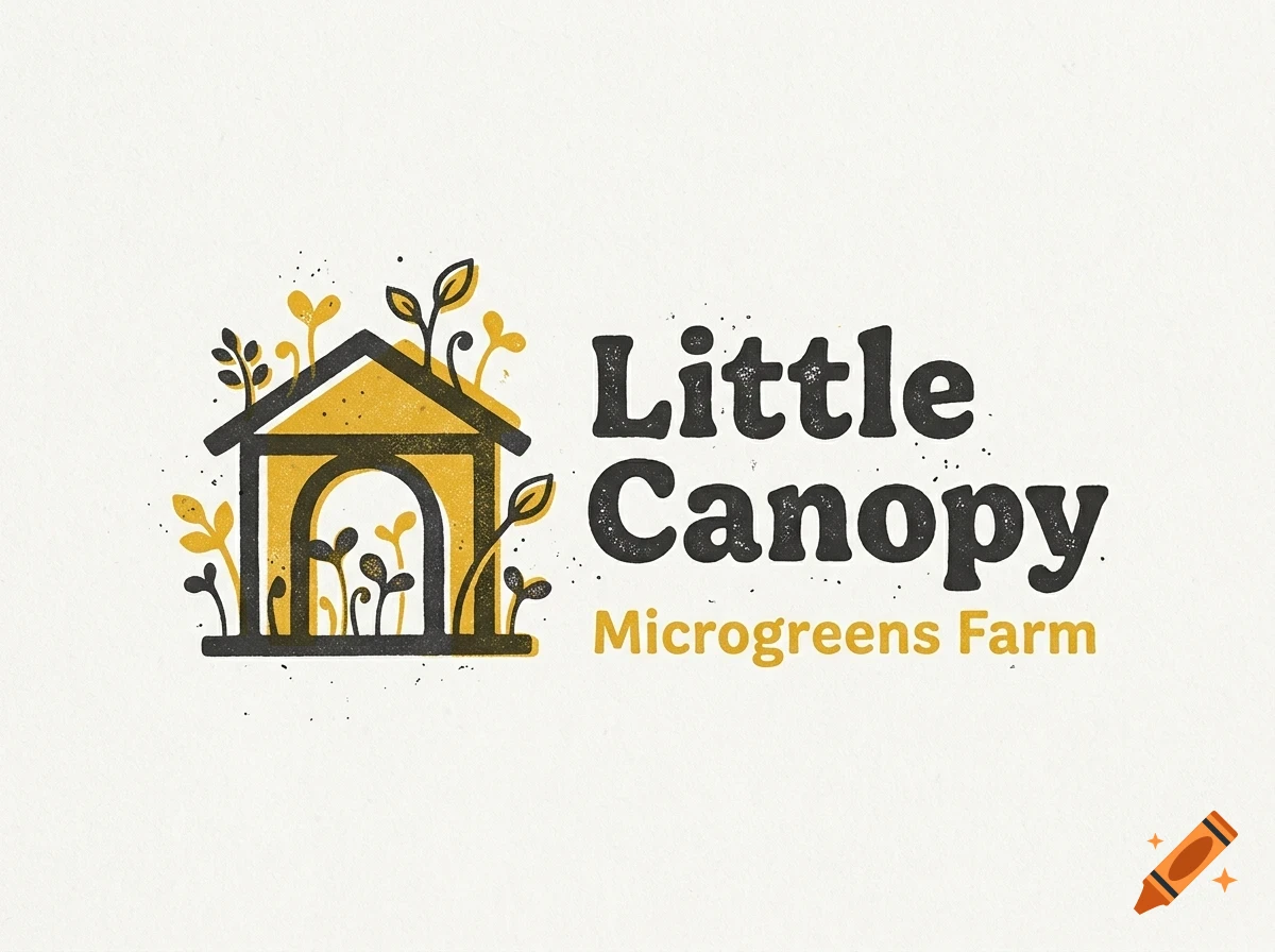 A logo featuring a yellow and black outline of a small house surrounded by sprouts, with the text 'Little Canopy Microgreens Farm'.