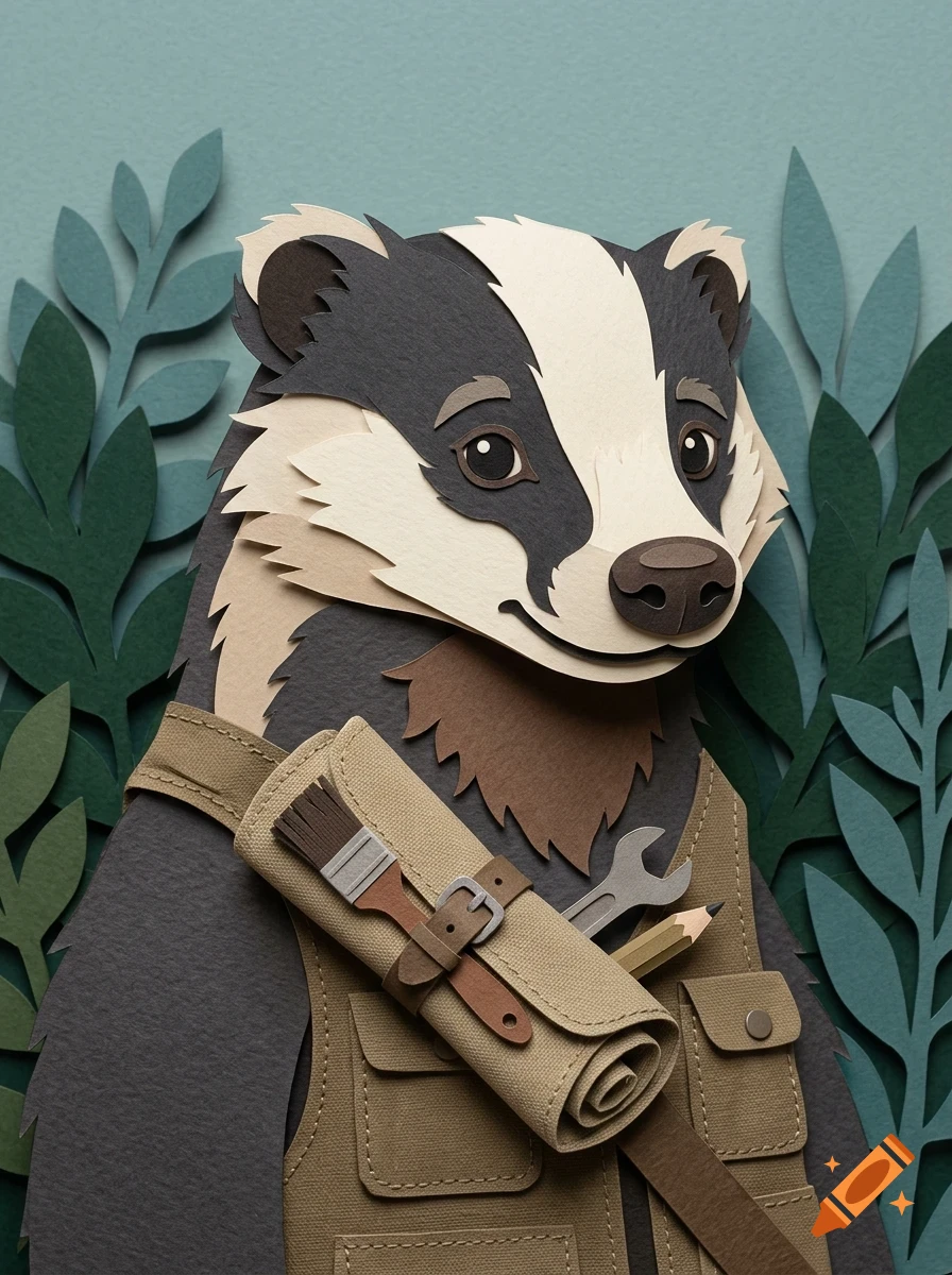 A layered papercraft illustration of a badger wearing a vest with tools, surrounded by green paper leaves.